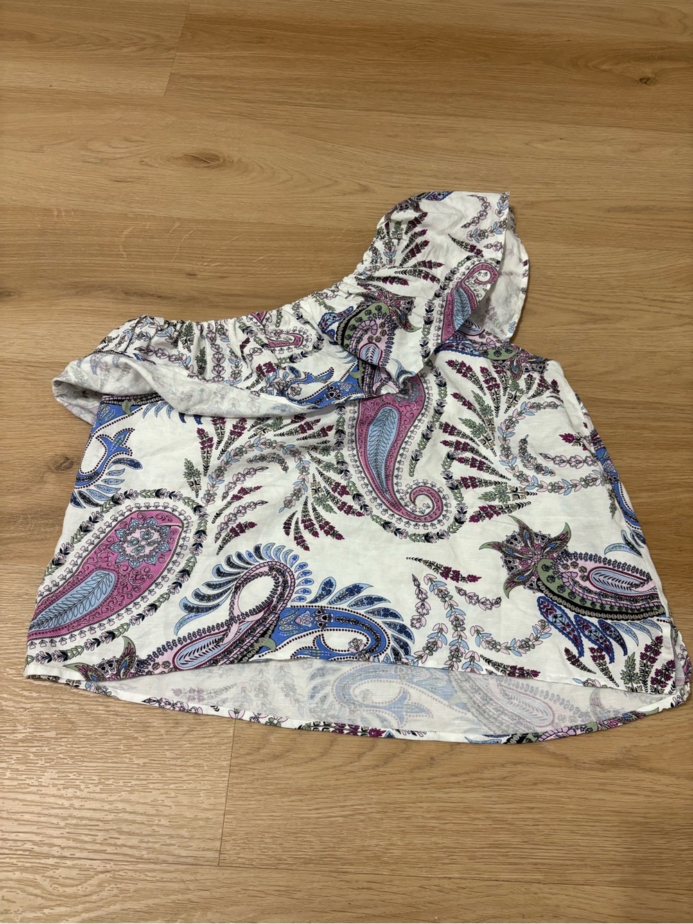 LOFT White One-Shoulder Paisley Top with Pink & Blue